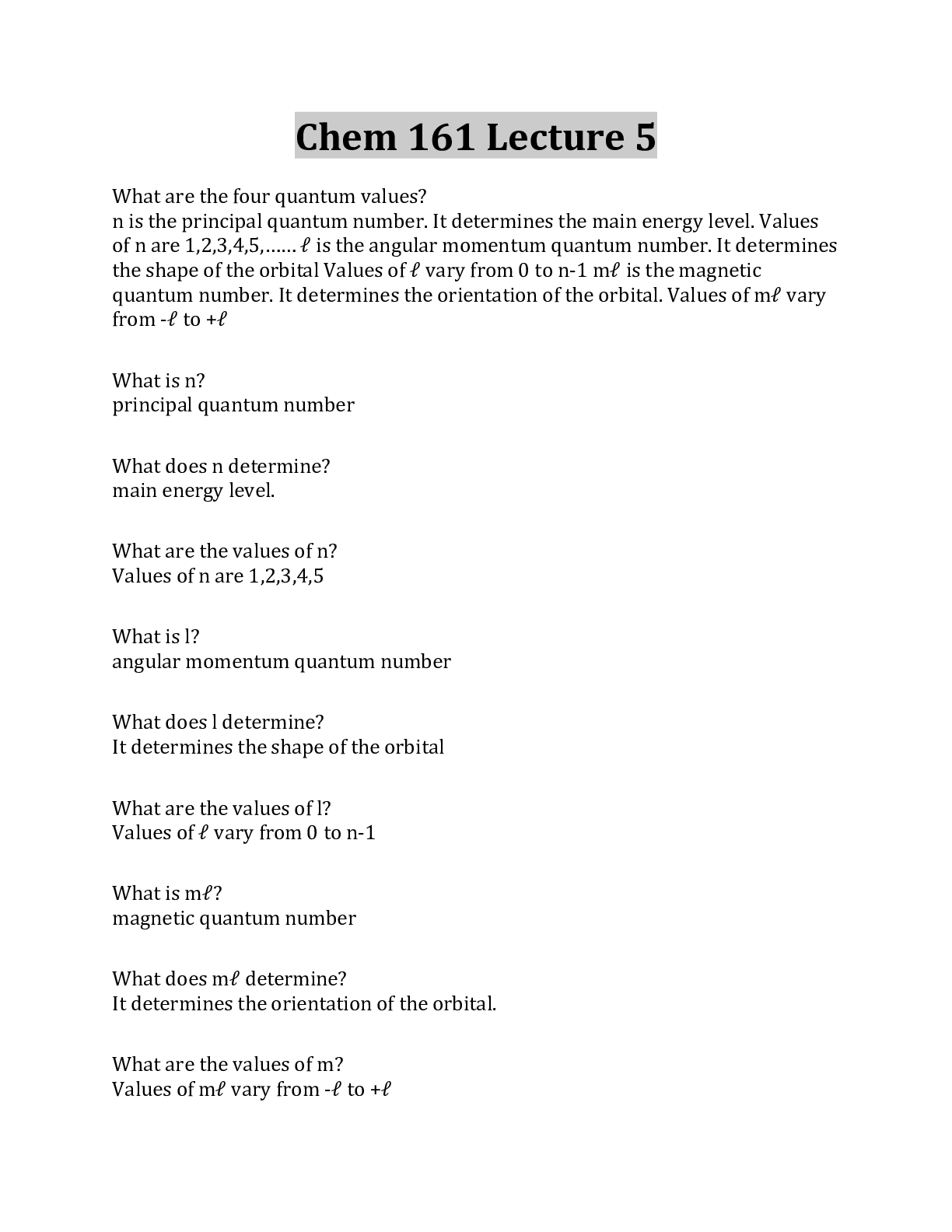 Preview image for Chem 161 Lecture 5 Questions And Answers With Complete Solution